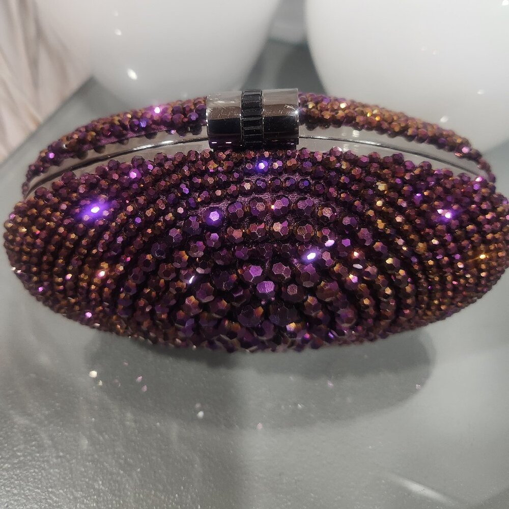 💥GLAM & SEXY!💥VINTAGE Caché Luxurious Sparkly Aubergine Purple Crystal Clutch - Picture 7 of 15